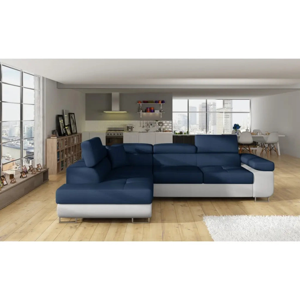 Divano angolare trasformabile MENTON blu oceano e bianco bouclé – Angolo sinistro con vano contenitore