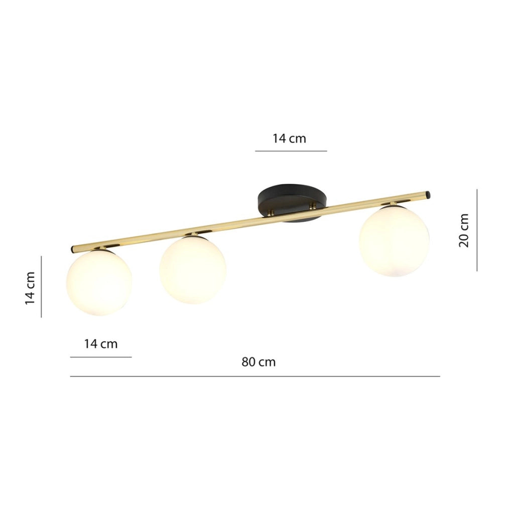 Lampada da soffitto Monza in acciaio nero e oro con sfere in vetro opalino