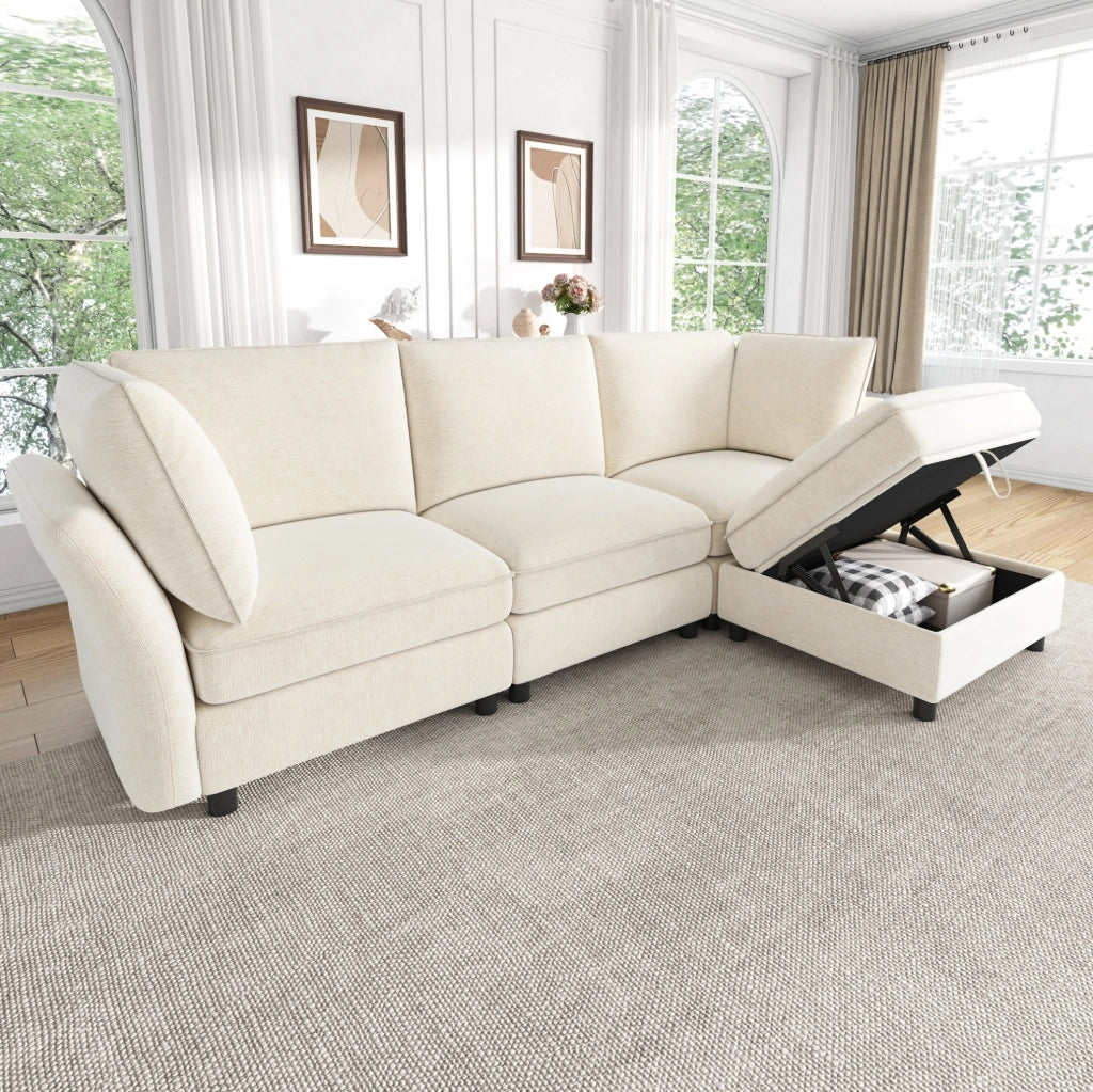 Divano modulare ad angolo a L con pouf contenitore, tessuto chenille beige, 4 posti, con 2 cuscini bracciolo