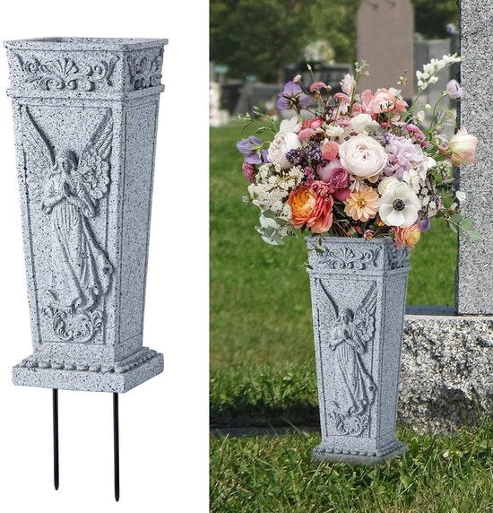 Vaso per cimitero con asta, vaso di cera per monumento, contenitore per fiori per lapidi, cimitero, giardino, prato, decorazioni per giardino (1 pezzo)