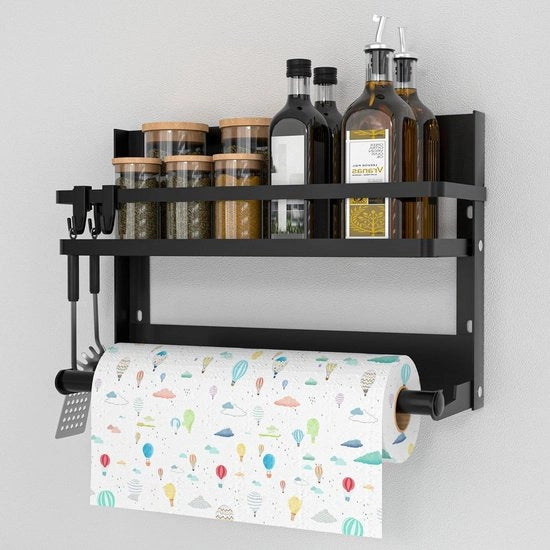 Kruidenrek e holder per cucina con ganci - Acciaio inossidabile - Sostegno da parete per cucina e bagno - Nero
