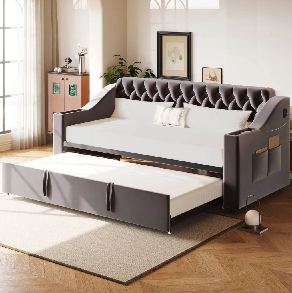 Divano letto imbottito estraibile 90x190/180x190 cm in velluto grigio con USB e Type-C