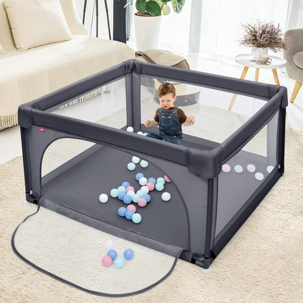 Box per Bambini, Centro Attività Portatile con Cancelli di Sicurezza, Recinto Resistente con Ventose Antiscivolo e Pareti a Rete Traspirante, Cancello per Giocare con 50 Palline (Grigio Scuro)