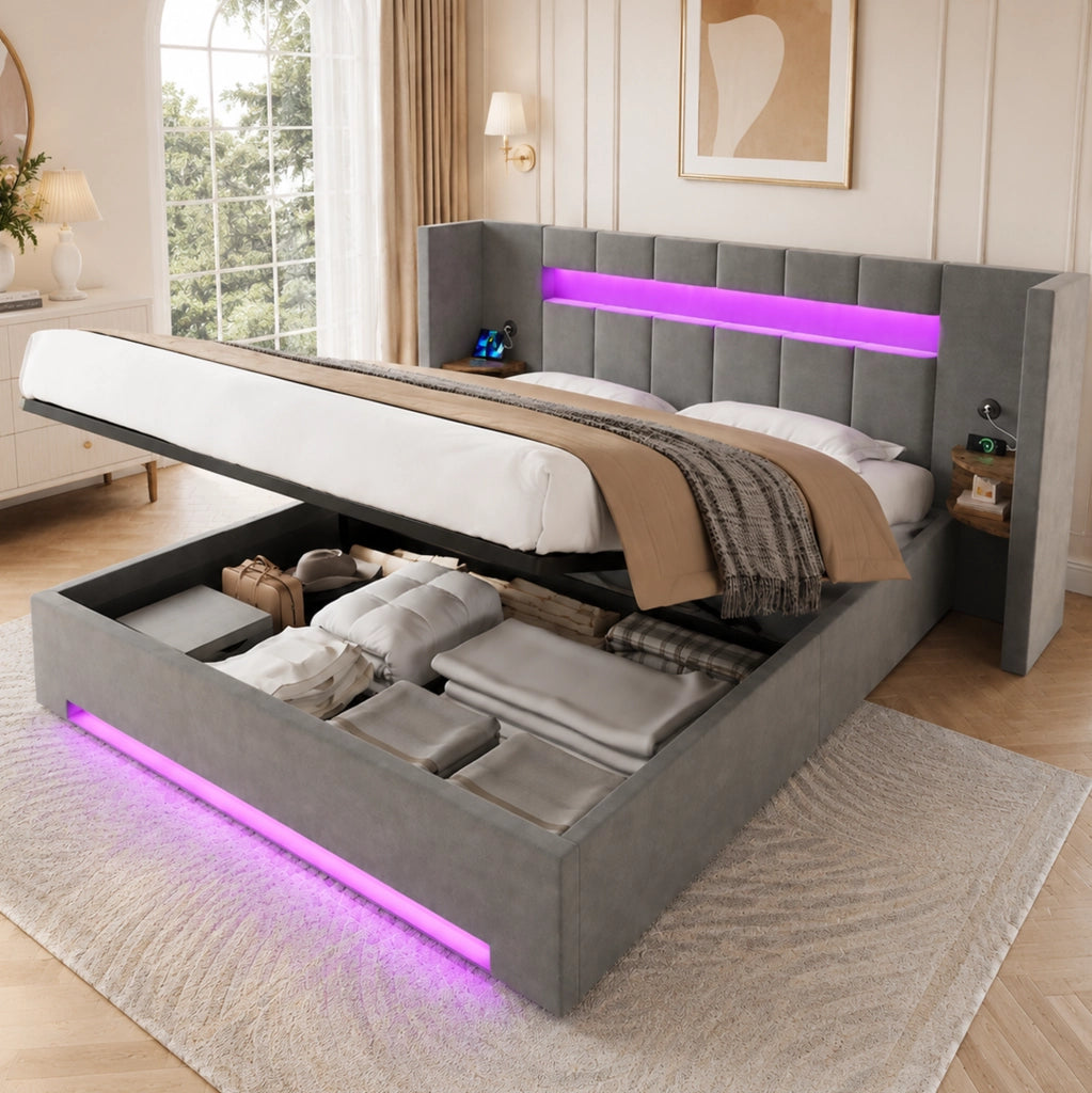 Letto 180x200 cm con contenitore; USB e LED in velluto grigio scuro