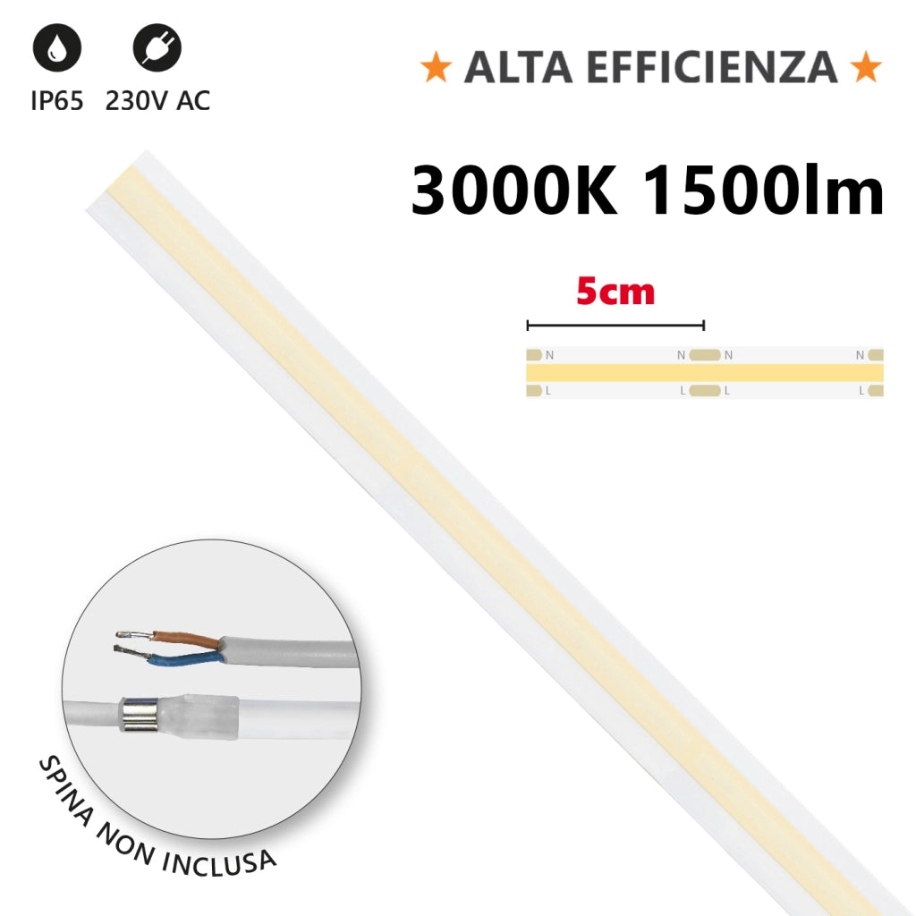 Alcapower Striscia LED professionale HEM IP65 5 metri 15W/m 3000K 230V, 1500lm/m alta efficienza luminosa, luce calda ideale per interni ed esterni
