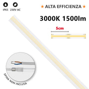 Alcapower Striscia LED professionale HEM IP65 5 metri 15W/m 3000K 230V, 1500lm/m alta efficienza luminosa, luce calda ideale per interni ed esterni
