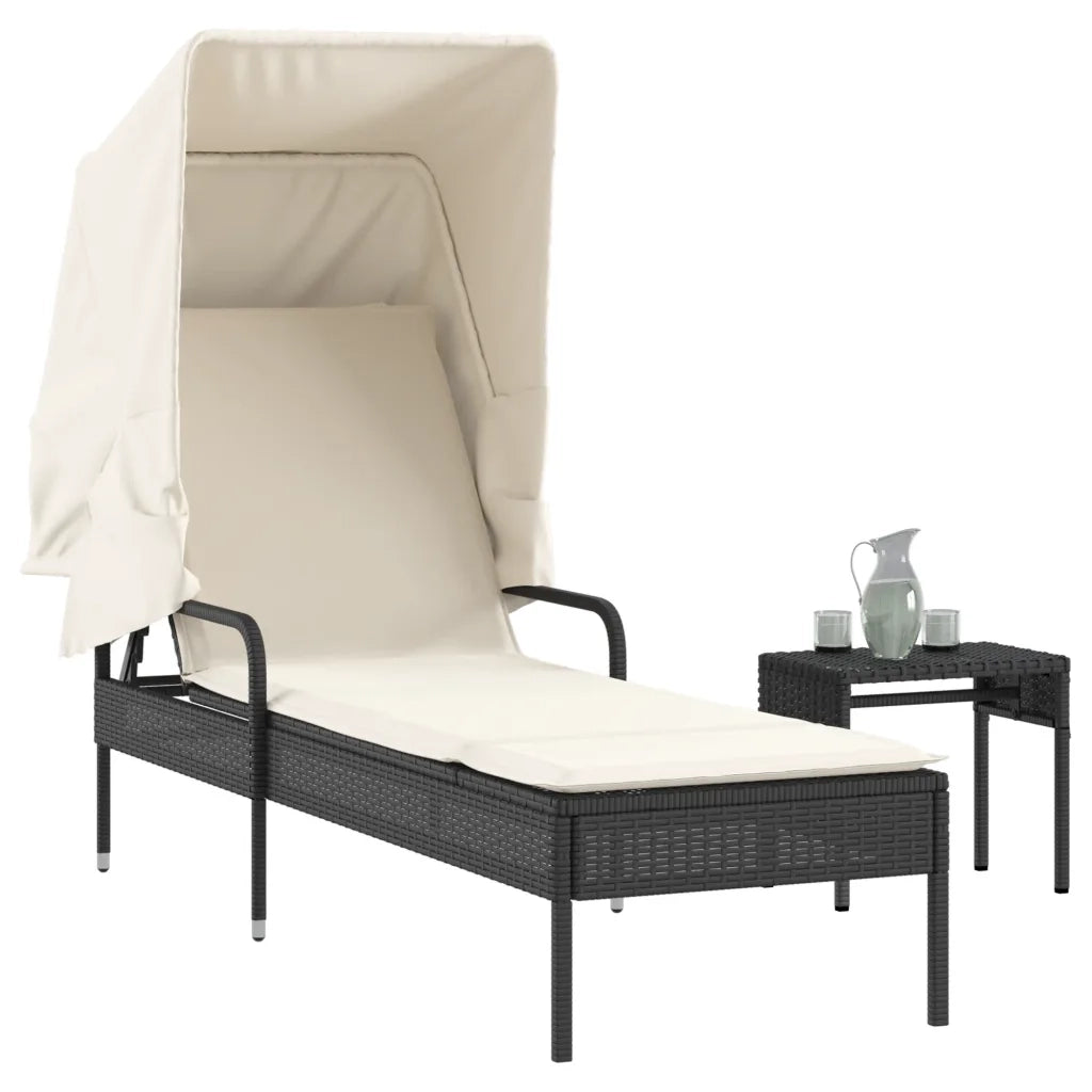 Lettino Prendisole | Sdraio da giardino | Lettino da sole con Baldacchino e Tavolino Nero Polyrattan