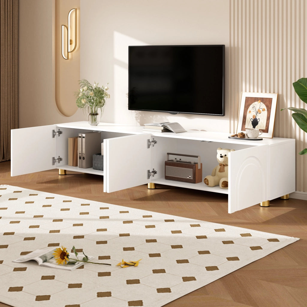 Mobile porta TV con 4 ante e rilievo ad arco, per soggiorno, in MDF e pannello truciolare, bianco, 180 × 35 × 40 cm