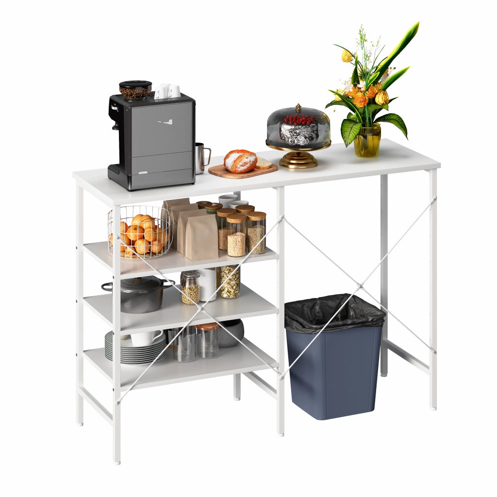 Tavolo organizer multifunzione con ripiani componibili, struttura in metallo bianco e piano bianco