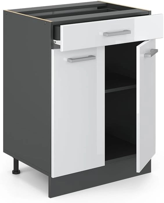 mobiletto base per cucina R-line, Bianco lucido/Antracite, 60 cm con cassetto, senza piano di lavoro