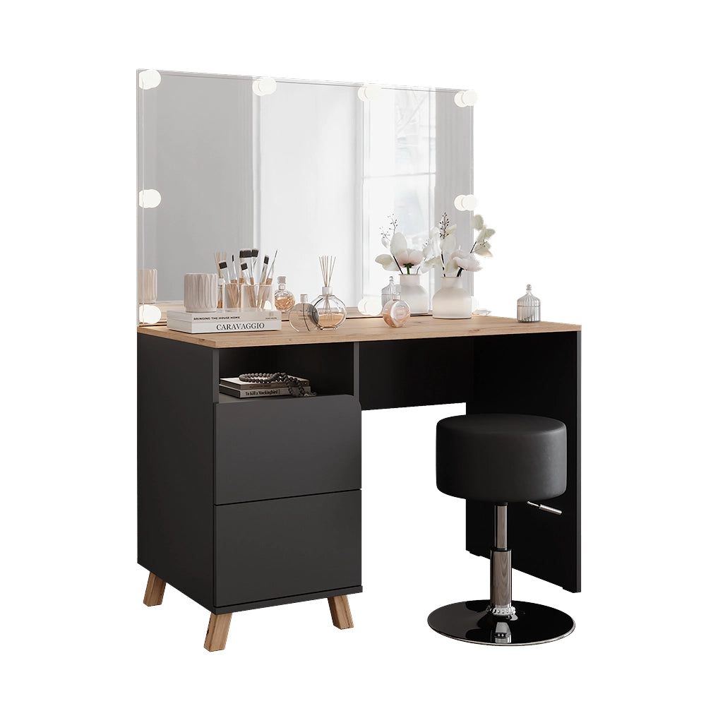 Vicco Tavolo da toeletta Antracite/Artisan 110 cm con sgabello e luci fiabesche a LED