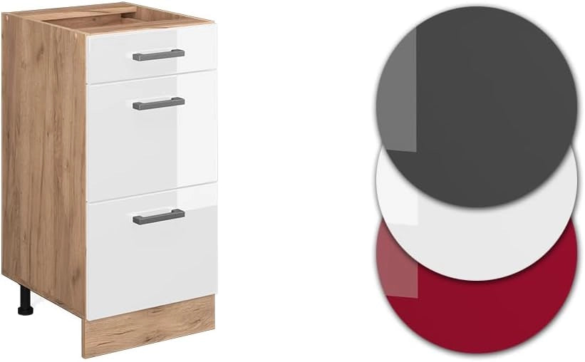 Mobiletto base per cucina R-Line, Bianco lucido, 40 cm con cassetti, senza piano di lavoro, per la libera combinazione all'interno di sistemi cucina modulari