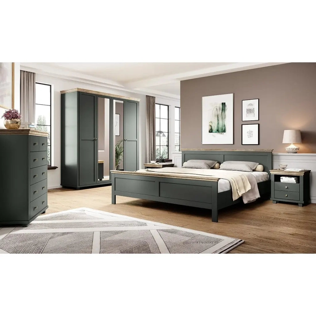 Letto adulto 140x200 collezione ASSIA. Colore verde kaki e finiture effetto rovere.