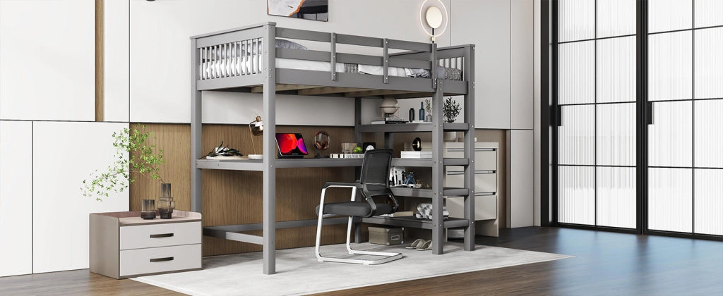 DESMIU Letto a Soppalco Singolo con Scrivania, Scaffali e Scala Contenitore 90 × 200 cm, Senza Materasso, Grigio