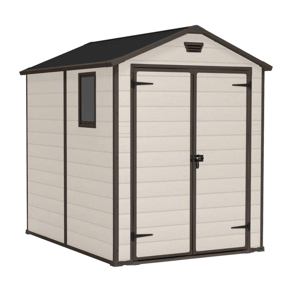 Manor 6x8 - Casetta da Giardino 185,80x227x236,80 cm 2 Ante per deposito attrezzi finitura effetto legno graffiato in Resina Beige