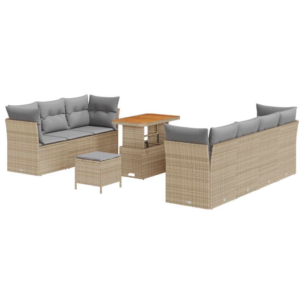 Set giardino 10 pezzi con cuscini beige in polyrattan acacia