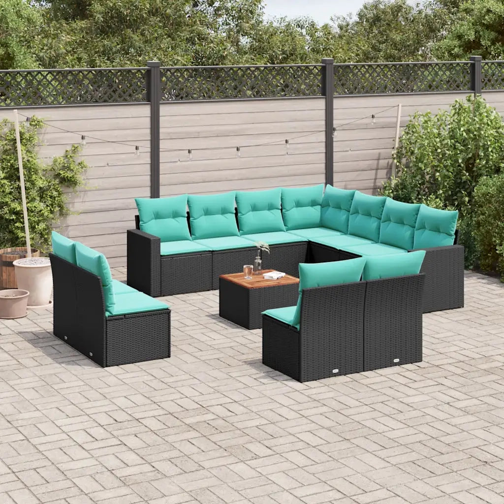 Set Divani da Giardino 12pz con Cuscini Nero in Polyrattan