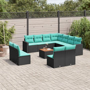 Set Divani da Giardino 12pz con Cuscini Nero in Polyrattan