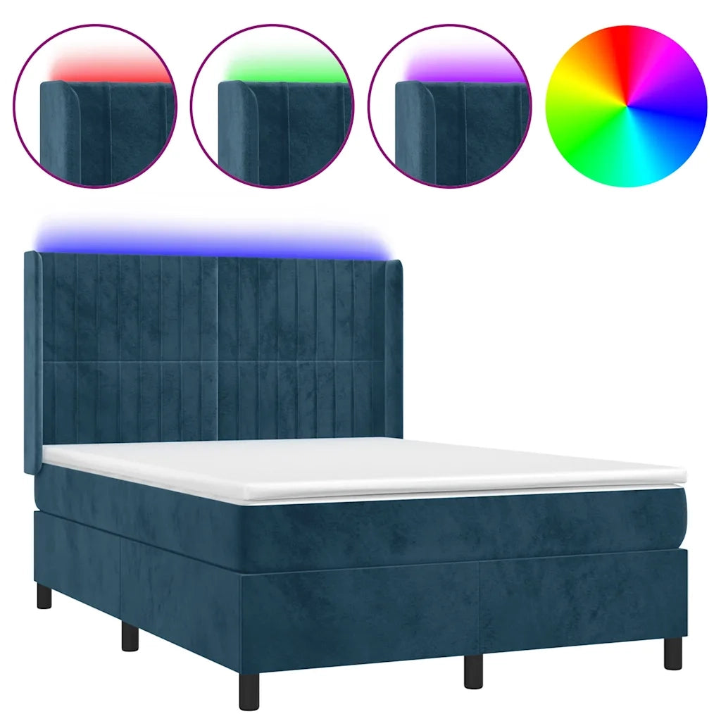 Letto a Molle con Materasso e LED Blu Scuro 140x190 cm
