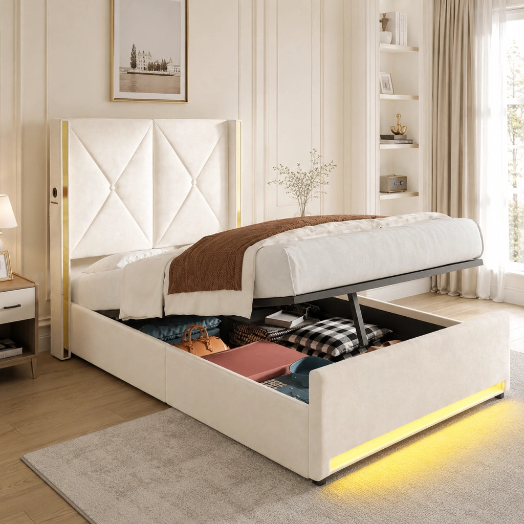 LETTO imbottito 90x200 cm in velluto beige con testiera alta e contenitore