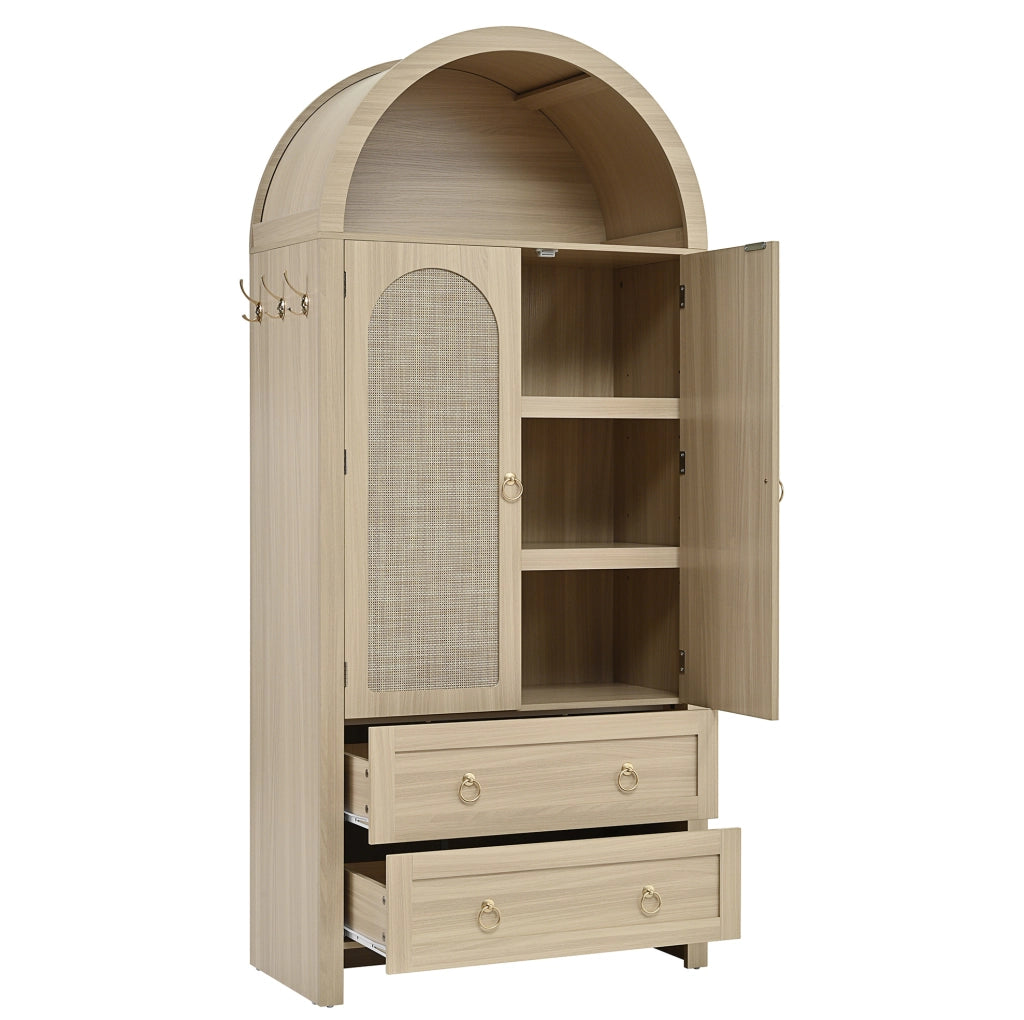 Sideboard 80x40x180 cm con ripiani aperti e doppi cassetti in MDF rovere
