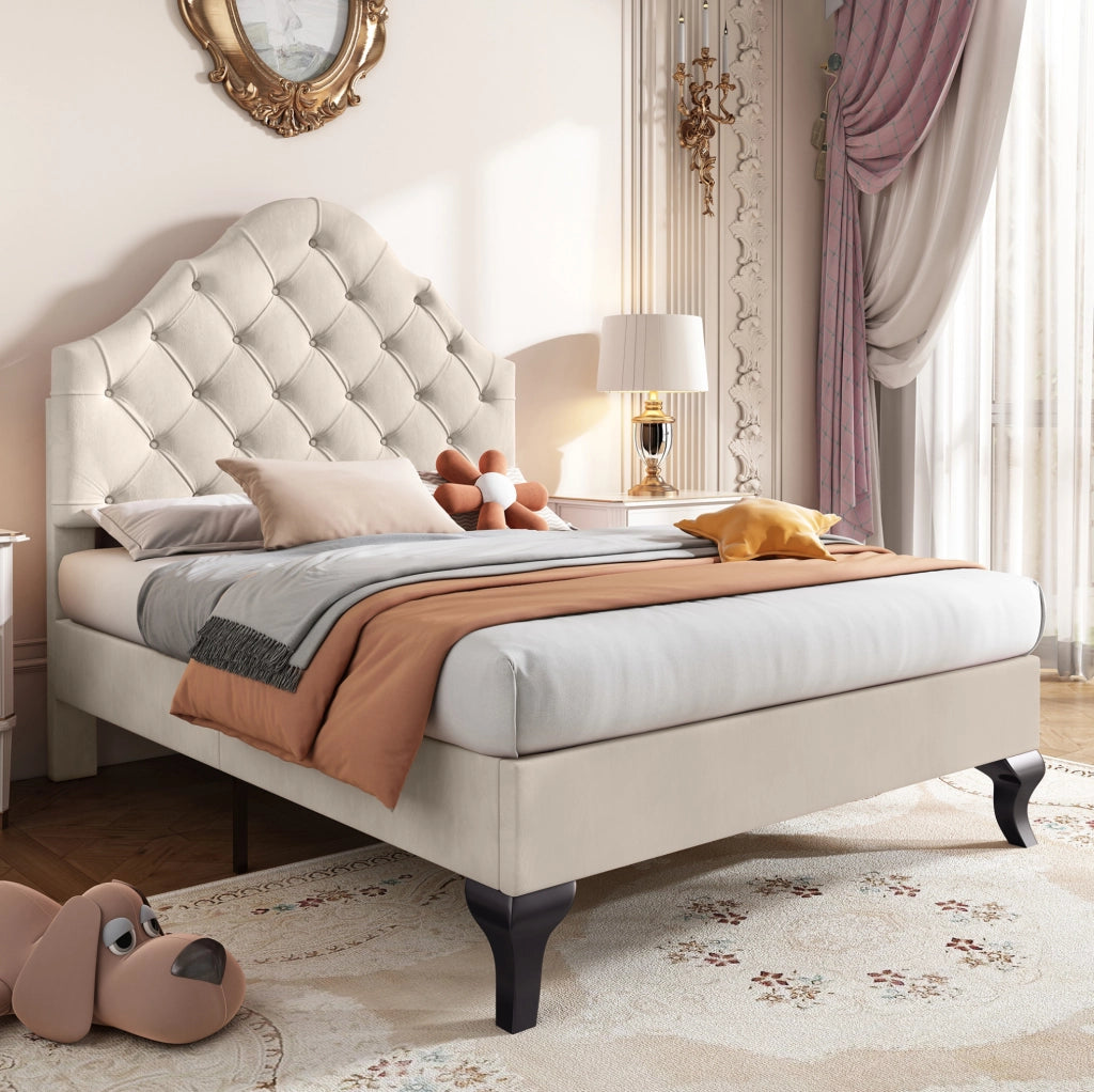 Letto imbottito 90x200 cm con rete a doghe e testiera regolabile in velluto beige