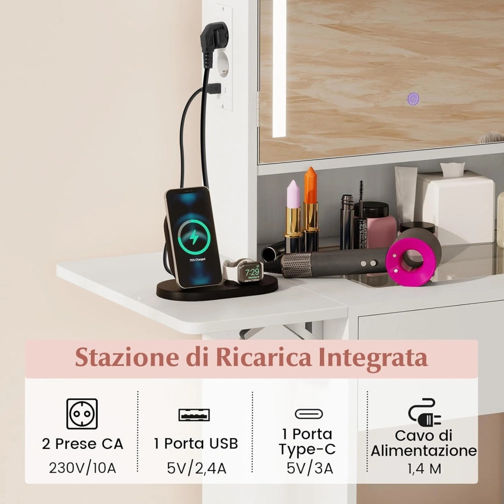 Toeletta Trucco con Luci LED, Tavolo da Trucco con Specchio e Stazione di Ricarica, Postazione Trucco con Cassetto, 2 Piani d'Appoggio a Ribalta, Bianco (Modello 3)