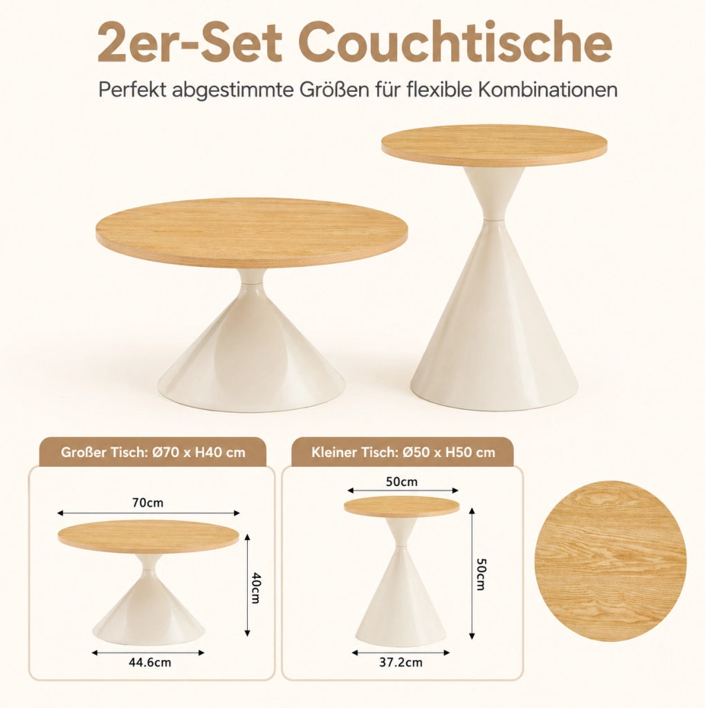 Set di 2 tavolini rotondi in MDF e metallo; ?70 x H40 cm e ?50 x H50 cm