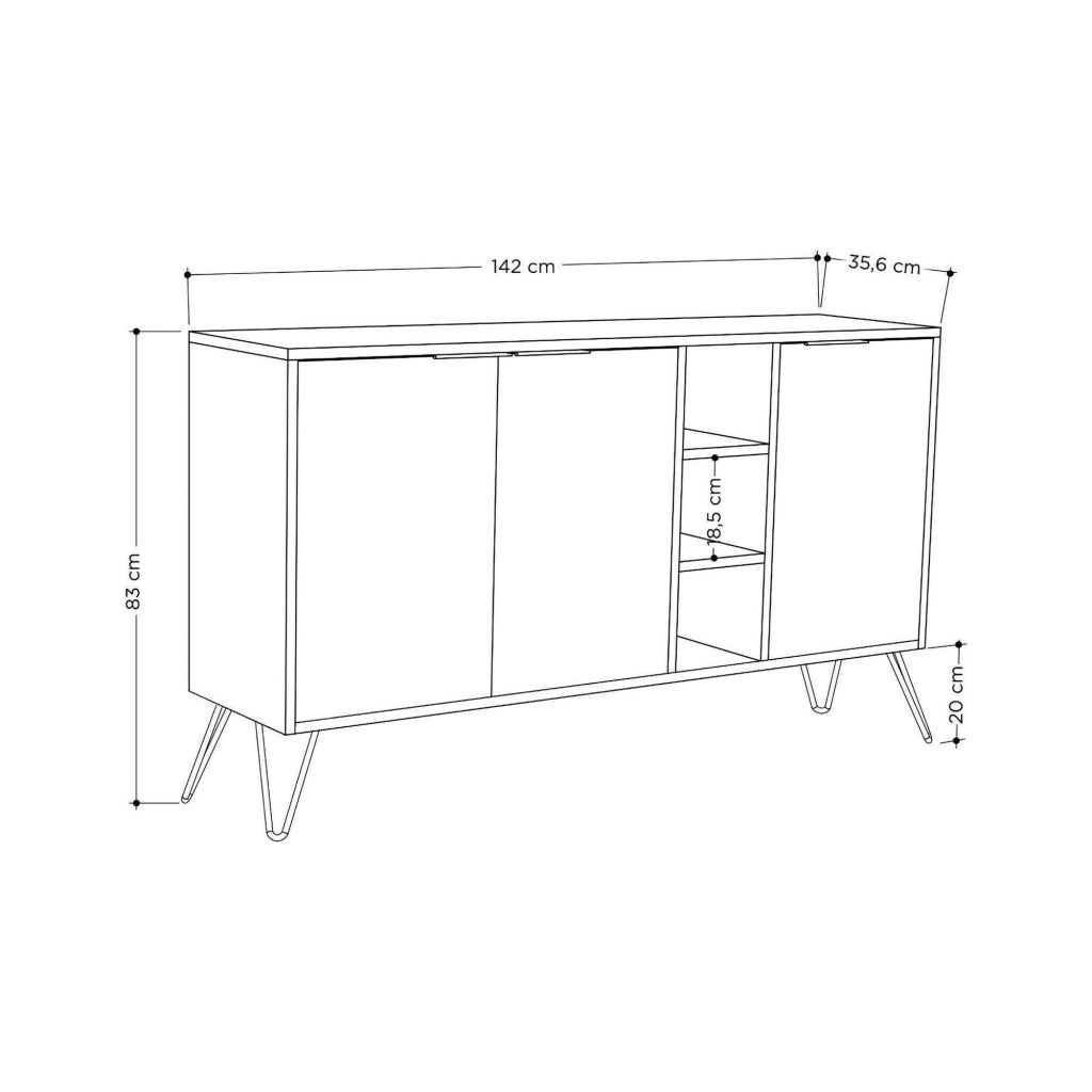 Credenza Alin, Buffet da soggiorno, Madia da salotto, Dispensa da cucina, 142x36h83 cm, Ossido e Nero Marmo
