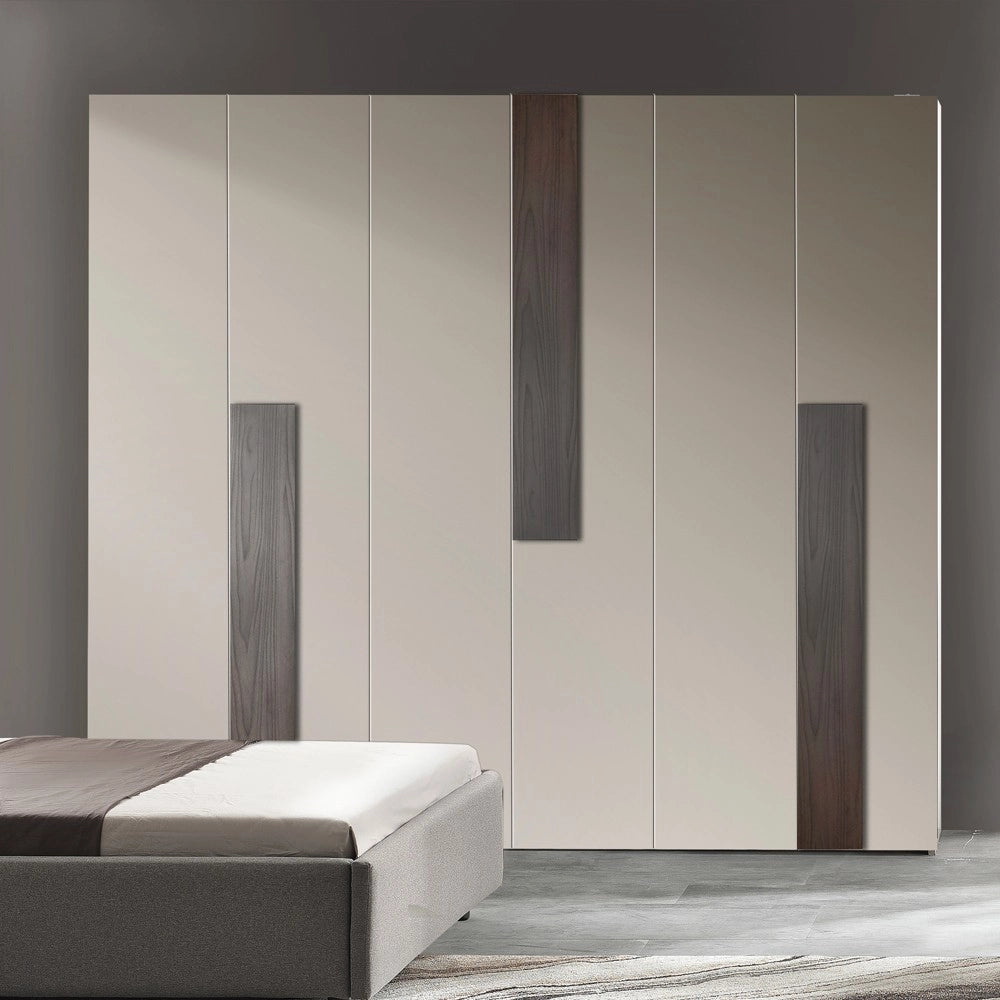 Camera da letto Kendra con letto contenitore imbottito e armadio 6 ante battenti colore tortora noce