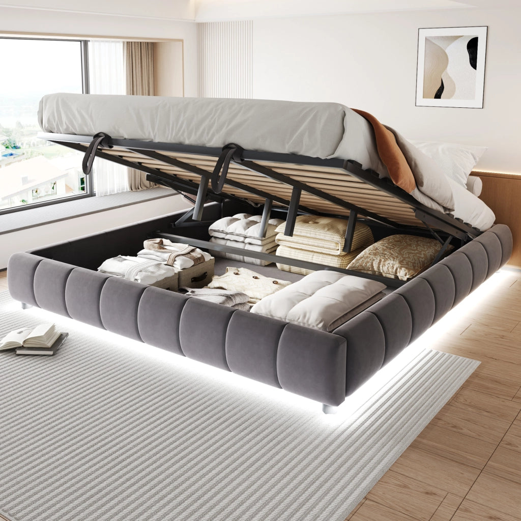 Letto Contenitore Imbottito con LED ¨C MINIMAL ¨C Grigio 180x200 Idraulico Senza Testiera