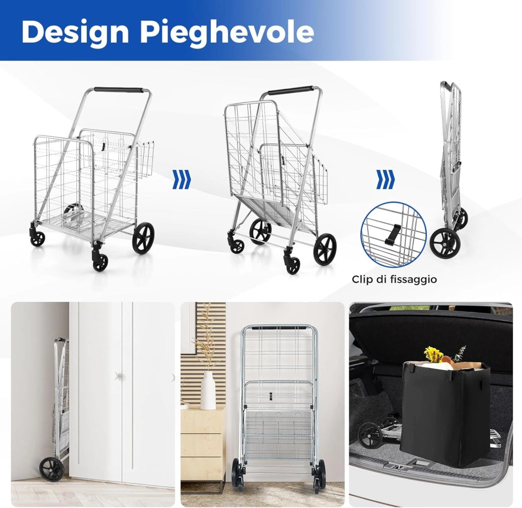 Carrello Portaspesa Pieghevole con Sacca, Carrello della Spesa Pieghevole con Ruote Girevoli a 360°, 2 Cesti, Capacità di Carico: 150 kg, 126 L, 66 x 64 x 103 cm (Argento)