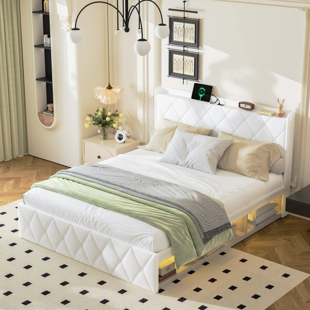 Letto matrimoniale 160 × 200 cm con USB, LED, ripiano in testiera e contenitore, senza materasso, bianco