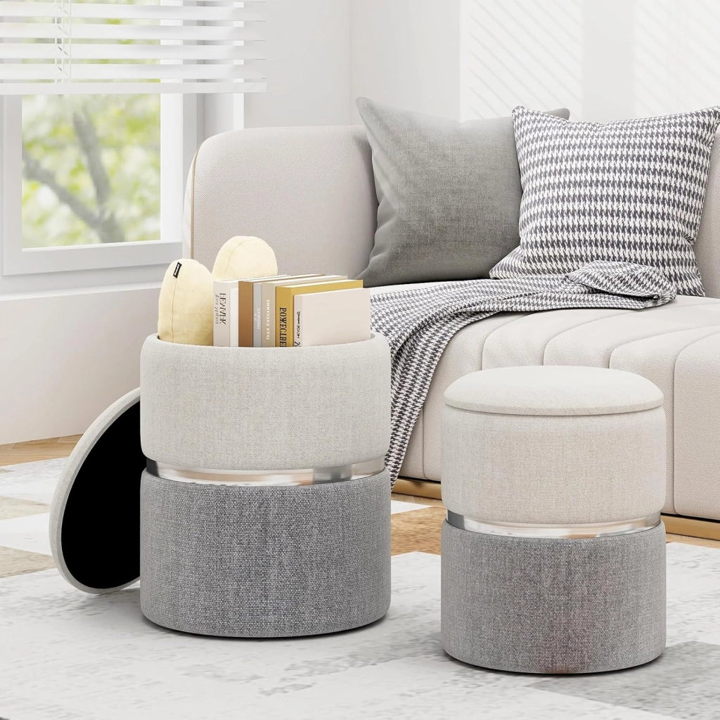 Set di 2 pouf a sacco rotondo bicolore, sgabello estraibile imbottito con ripostiglio, poggiapiedi, capacità 32 L e 21 L, tavolino compatto per soggiorno, camera da letto, ufficio