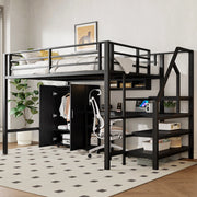 Letto a castello nero in metallo con scrivania armadio e scaffali 140x200 cm