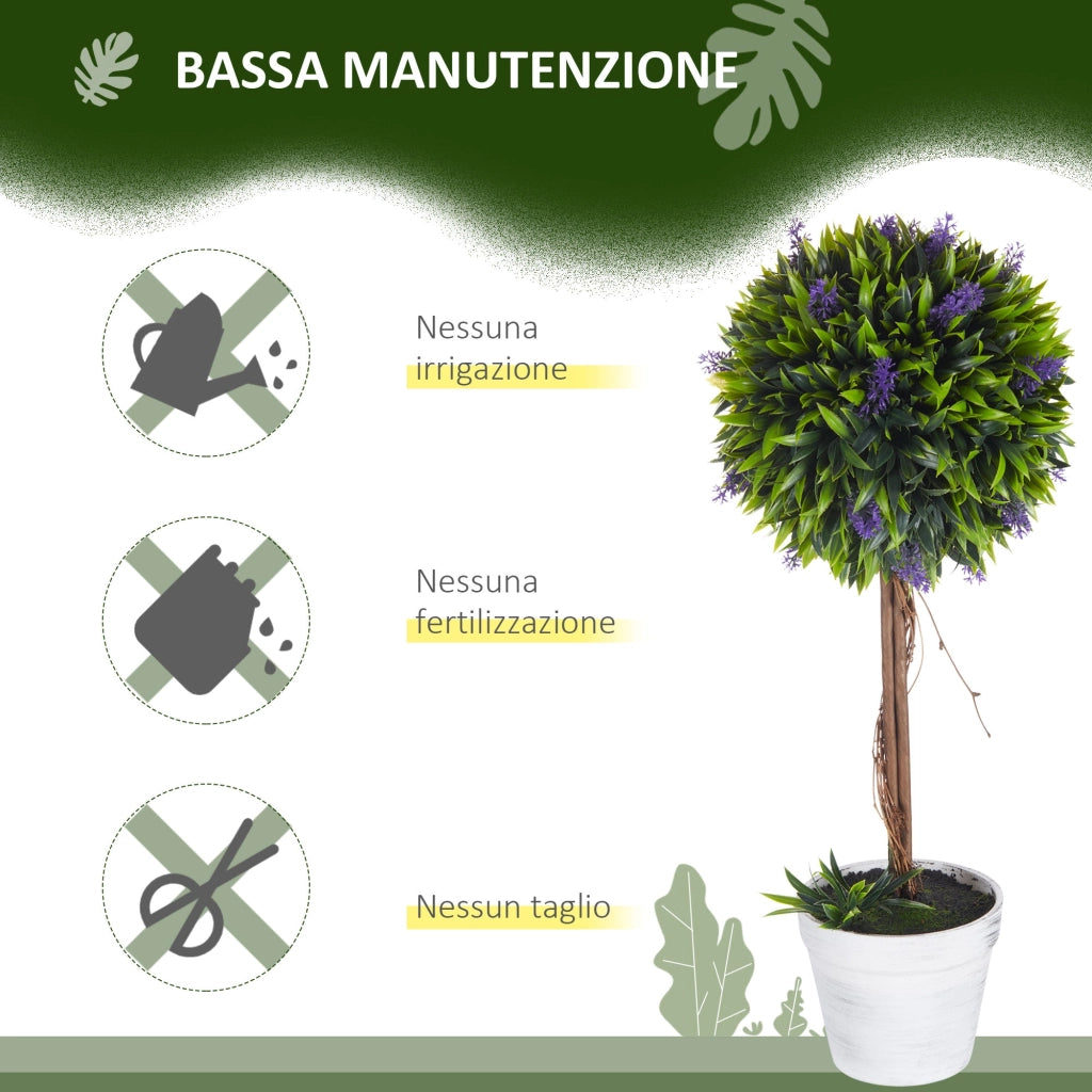 Set 2 Piante Artificiali Ø24x60 cm Verdi a Sfera con Fiori di Lavanda e Vaso con Muschio e Cemento