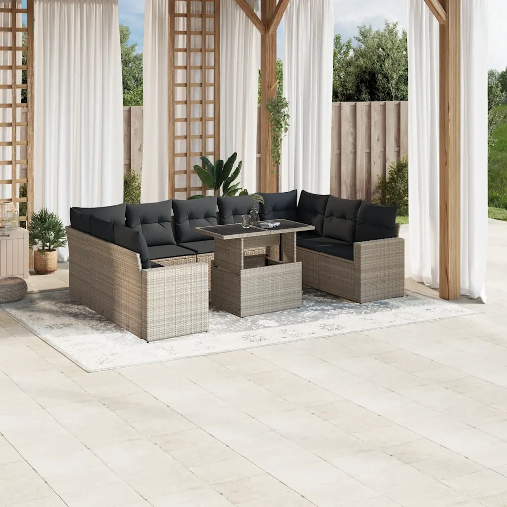 Set Divano Giardino 10 pz con Cuscini Grigio Chiaro Polyrattan
