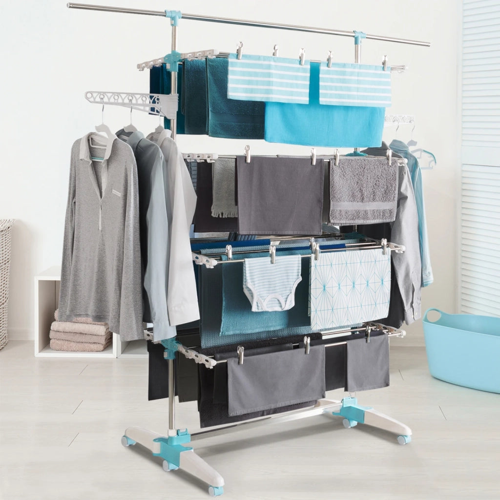 IDMarket - Stendibiancheria bianco/blu regolabile a 4 livelli XXL + barra telescopica