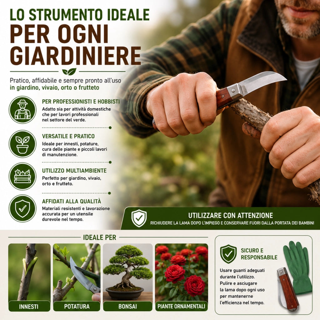 Coltello Innesto Pieghevole Lama Inox Manico Legno Giardinaggio