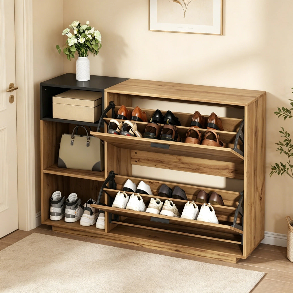 Mobile portascarpe 120x32x84;5 cm in MDF; con 3 vani aperti e 2 vani a ribalta; naturale