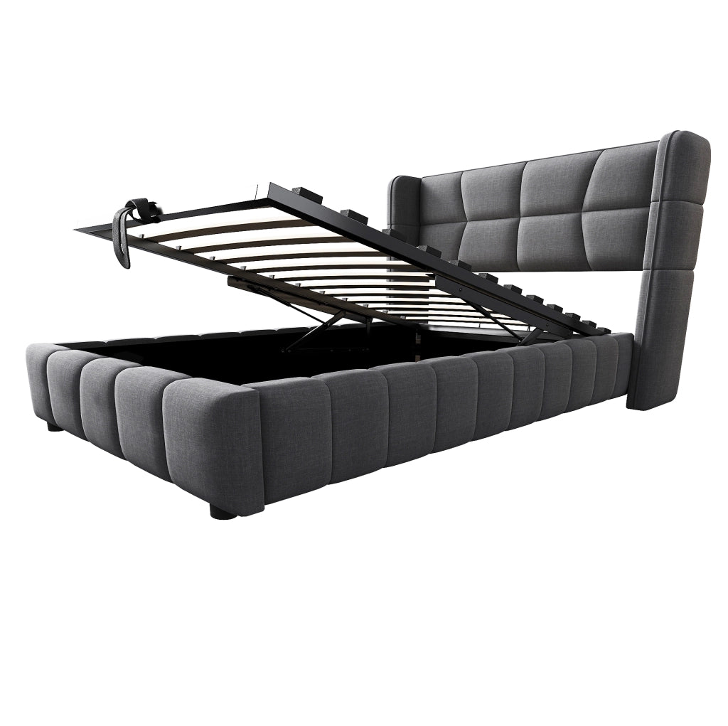 Letto imbottito 90x200 cm con contenitore e testiera in tessuto grigio