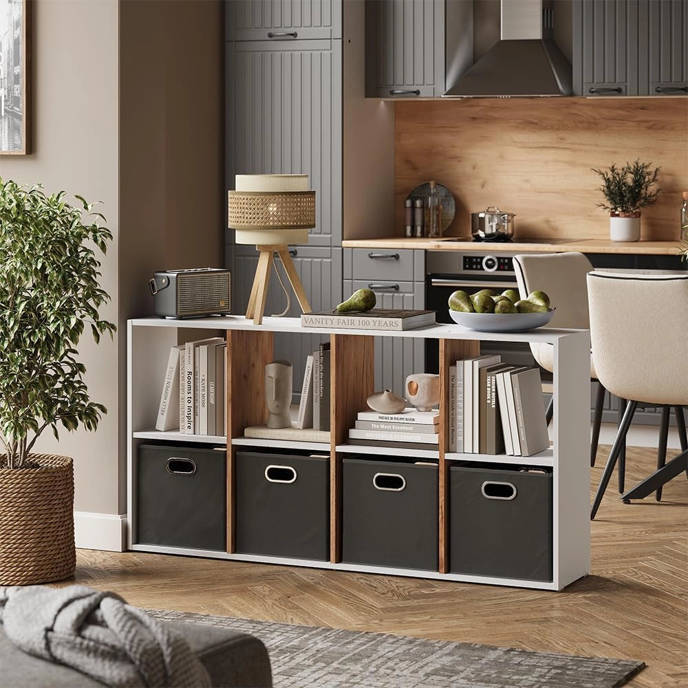 Scaffale Scutum, Rovere bianco/dorato, 143 x 72 cm, per l’utilizzo come divisorio o come libreria aperta