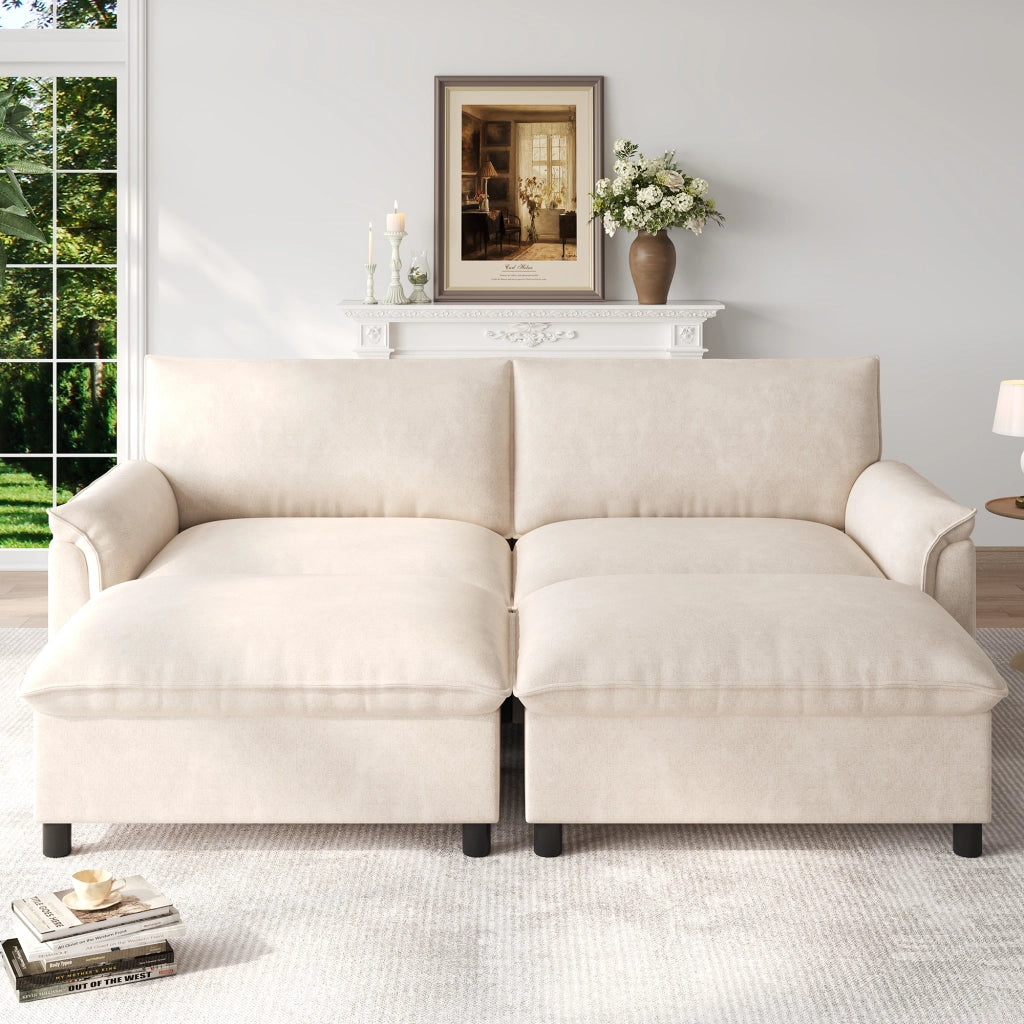 Divano modulare con seduta profonda e 2 poggiapiedi mobili, schienale alto, in chenille beige 216 × 77 × 82 cm