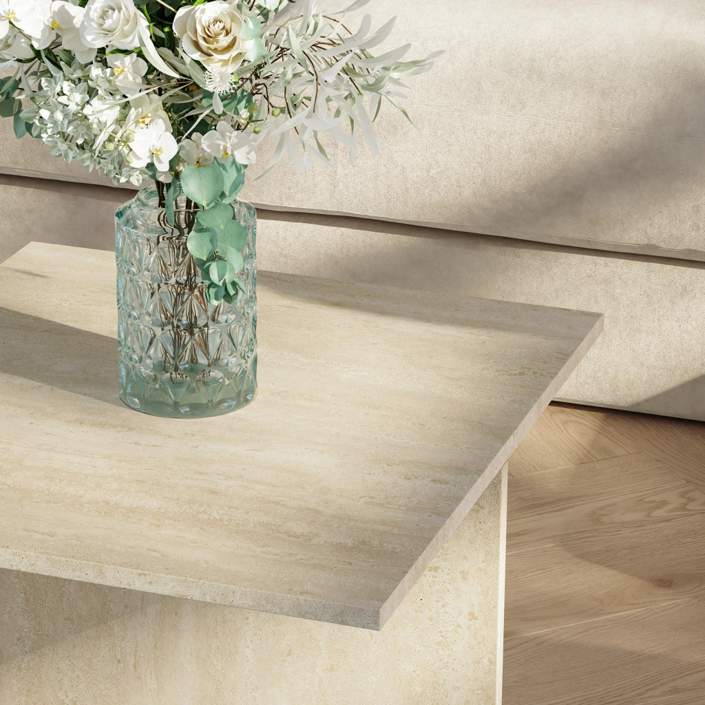 Tavolino da Salotto Taniena a Doppio Livello 100x55x35 cm Color Avorio Travertin [en.casa]