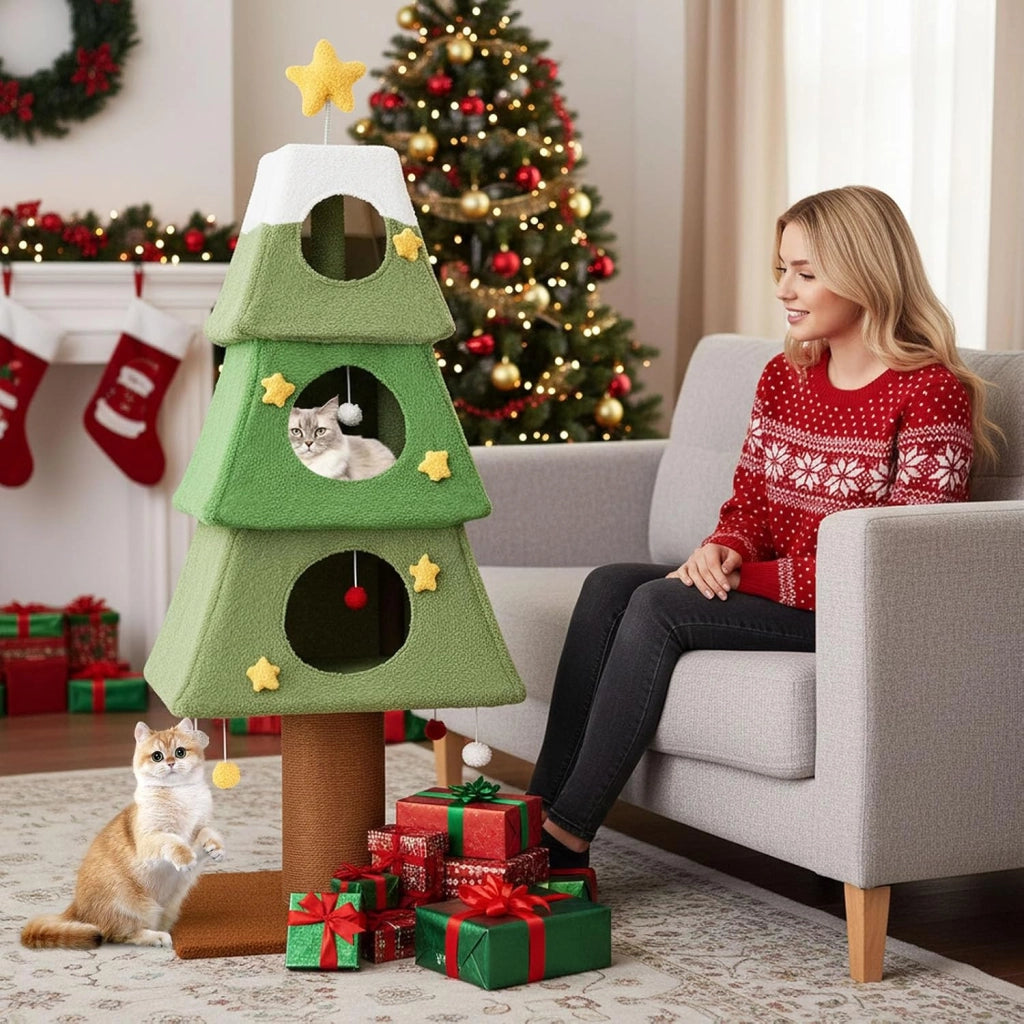 Albero per Gatti da Interno, Tiragraffi per Gatti Alto 162 cm con 3 Condo, Palo Tiragraffi in Sisal e Palline Pendenti, Mobile per Arrampicata per Decorazione Festiva