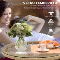 Tavolino da Giardino Rotondo Stile Boho in Rattan PE e Vetro, Ø50x50cm, Beige