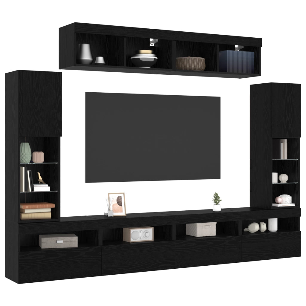 Set di UnitÃ  TV da Muro 8 Pezzi con LED Quercia Nera Legno Ingegnerizzato