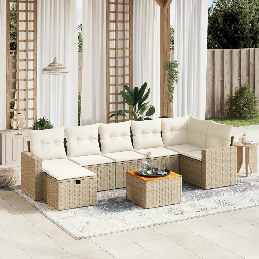 Set Divano da Giardino 8 pz con Cuscini Beige in Polyrattan