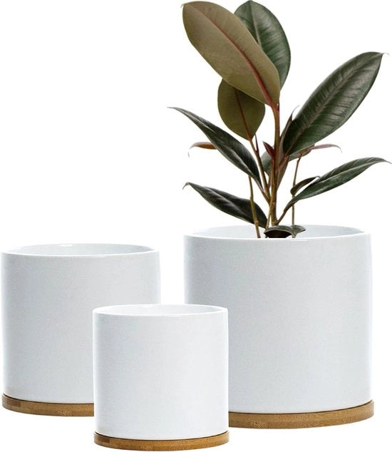 Set di vasi ceramici per piante - sottopiede in bambù - vasi da interni per fiori - bianchi - grandi medi piccoli - con coperchi