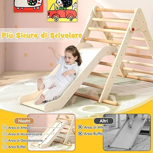 3 in 1 Arrampicata Giocattolo a Triangolo per Bambini, Set di Arrampicata con Rampa di Scivolo a 2 Lati e Inclinazione Regolabile, Arrampicatore per Bambini 1 Anno+ (Stile 2 Naturale)